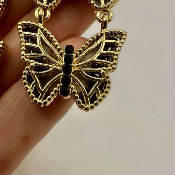 Double Butterfly Gold tone and black post drop earrings - Picture 7 of 8